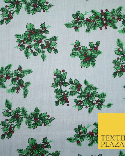 Festive Holly Berries Wreath Christmas Printed Poly Cotton Fabric Polycotton 45"