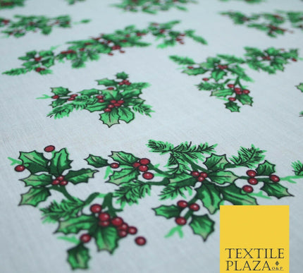 Festive Holly Berries Wreath Christmas Printed Poly Cotton Fabric Polycotton 45"