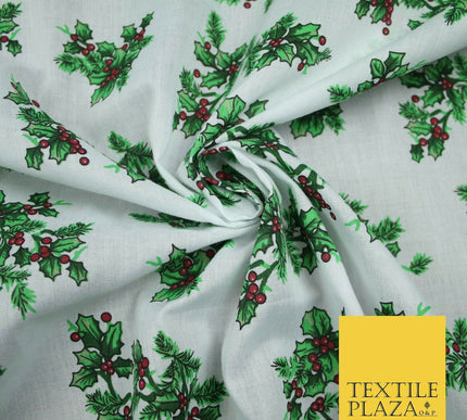 Festive Holly Berries Wreath Christmas Printed Poly Cotton Fabric Polycotton 45"