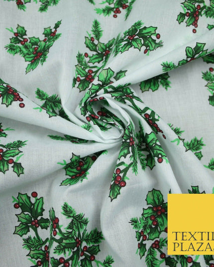 Festive Holly Berries Wreath Christmas Printed Poly Cotton Fabric Polycotton 45"