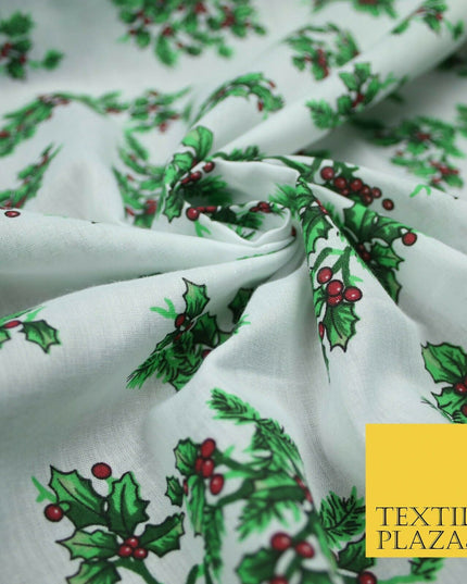 Festive Holly Berries Wreath Christmas Printed Poly Cotton Fabric Polycotton 45"