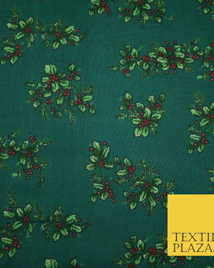 Festive Holly Berries Wreath Christmas Printed Poly Cotton Fabric Polycotton 45"