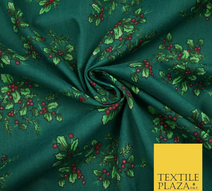 Festive Holly Berries Wreath Christmas Printed Poly Cotton Fabric Polycotton 45"