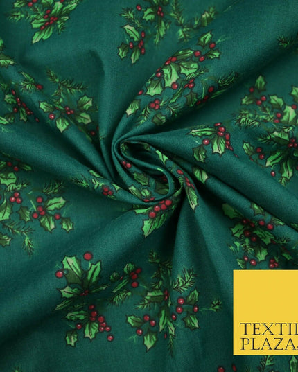 Festive Holly Berries Wreath Christmas Printed Poly Cotton Fabric Polycotton 45"