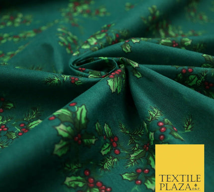 Festive Holly Berries Wreath Christmas Printed Poly Cotton Fabric Polycotton 45"