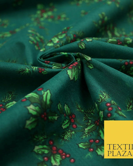 Festive Holly Berries Wreath Christmas Printed Poly Cotton Fabric Polycotton 45"