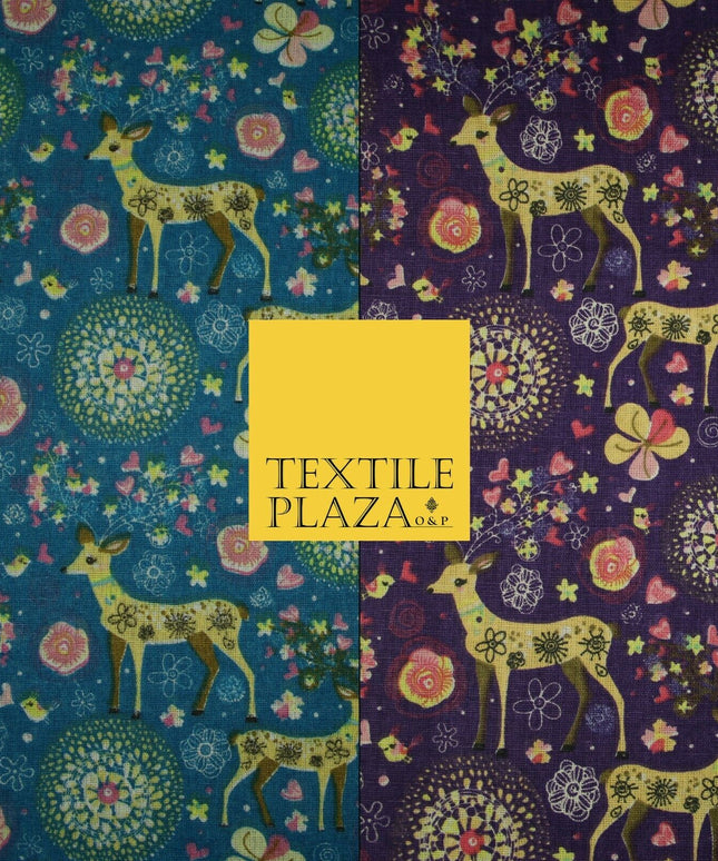 Christmas Ornate Reindeer Floral Flower Printed 100% Cotton Canvas Fabric 60"