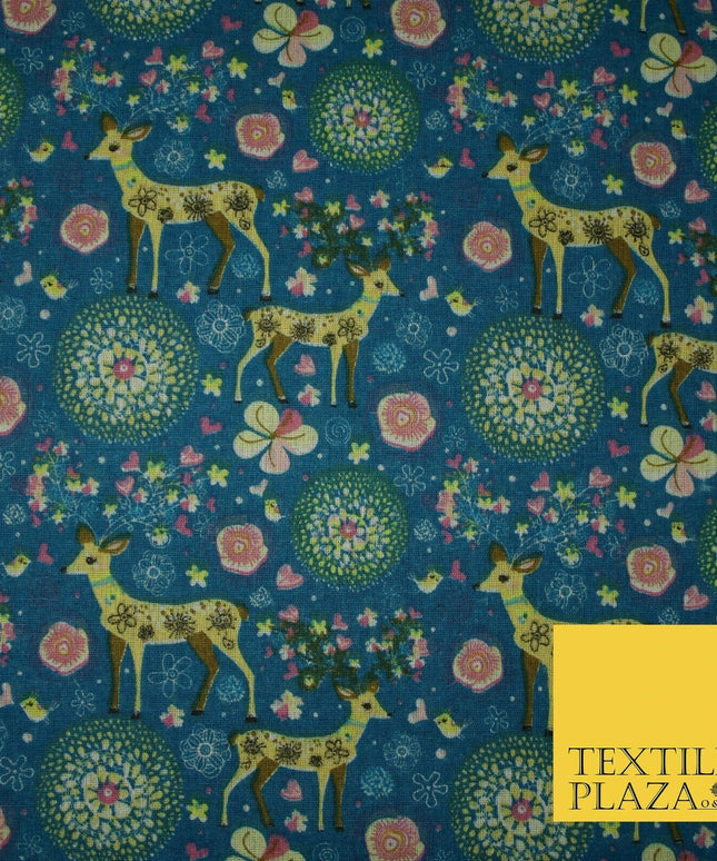 Christmas Ornate Reindeer Floral Flower Printed 100% Cotton Canvas Fabric 60"