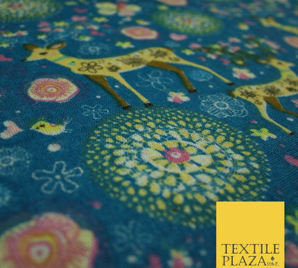 Christmas Ornate Reindeer Floral Flower Printed 100% Cotton Canvas Fabric 60"