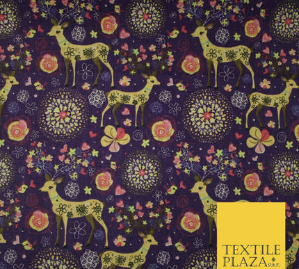 Christmas Ornate Reindeer Floral Flower Printed 100% Cotton Canvas Fabric 60"