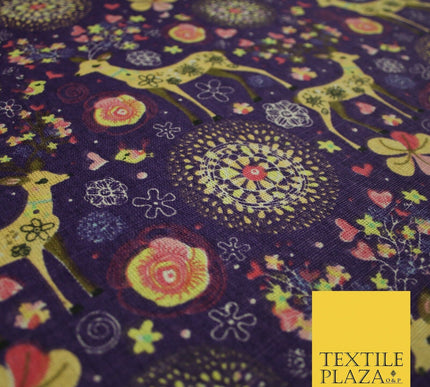 Christmas Ornate Reindeer Floral Flower Printed 100% Cotton Canvas Fabric 60"