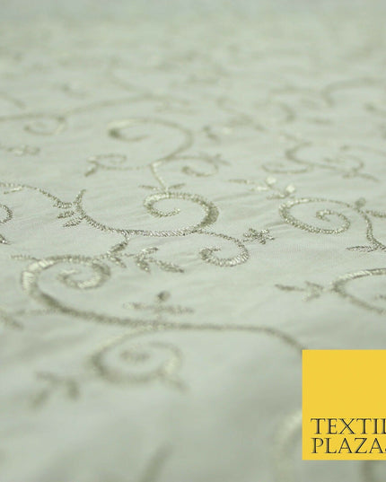 Luxury IVORY SILVER Intricate Vine Embroidered 100% PURE SILK Fabric 44" 4523