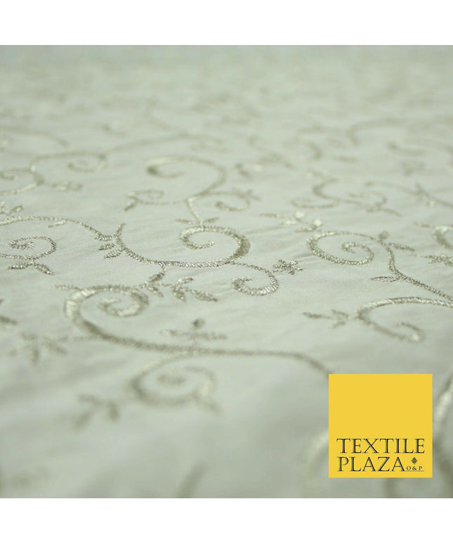 Luxury IVORY SILVER Intricate Vine Embroidered 100% PURE SILK Fabric 44" 4523