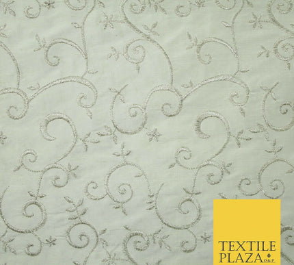 Luxury IVORY SILVER Intricate Vine Embroidered 100% PURE SILK Fabric 44" 4523