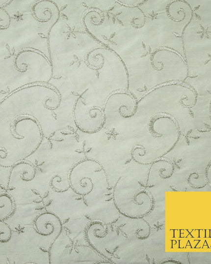 Luxury IVORY SILVER Intricate Vine Embroidered 100% PURE SILK Fabric 44" 4523