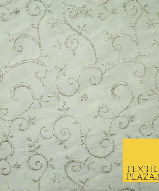 Luxury IVORY SILVER Intricate Vine Embroidered 100% PURE SILK Fabric 44" 4523