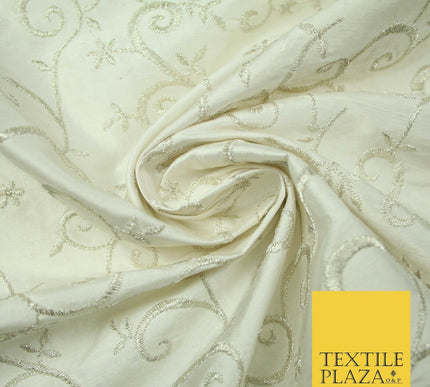 Luxury IVORY SILVER Intricate Vine Embroidered 100% PURE SILK Fabric 44" 4523