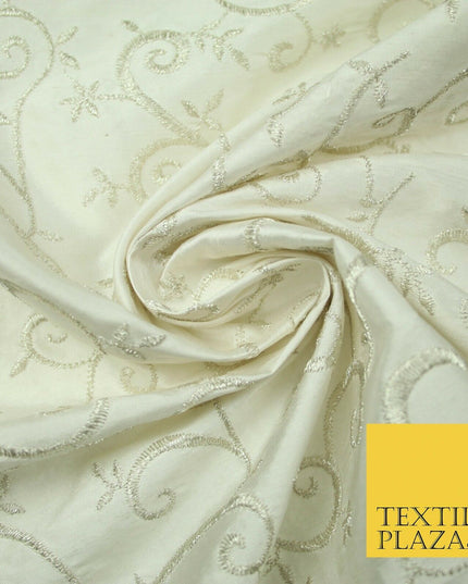 Luxury IVORY SILVER Intricate Vine Embroidered 100% PURE SILK Fabric 44" 4523