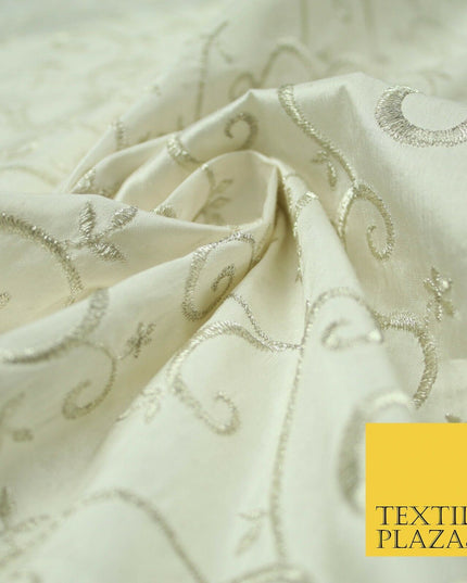 Luxury IVORY SILVER Intricate Vine Embroidered 100% PURE SILK Fabric 44" 4523