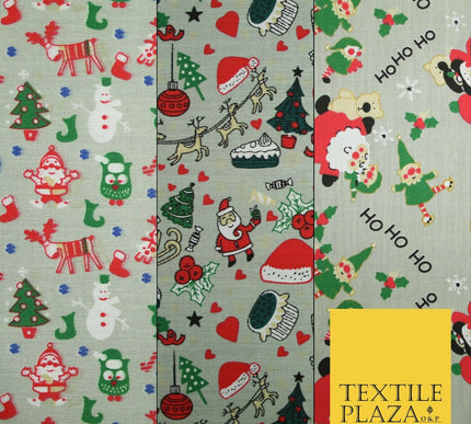 Grey Mix 3 Designs Festive Christmas Xmas Printed Poly Cotton Fabric Polycotton