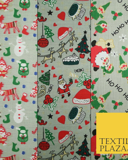 Grey Mix 3 Designs Festive Christmas Xmas Printed Poly Cotton Fabric Polycotton