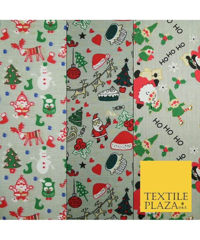 Grey Mix 3 Designs Festive Christmas Xmas Printed Poly Cotton Fabric Polycotton