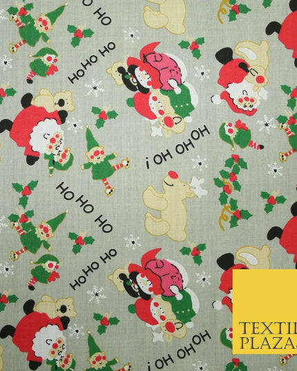 Grey Mix 3 Designs Festive Christmas Xmas Printed Poly Cotton Fabric Polycotton
