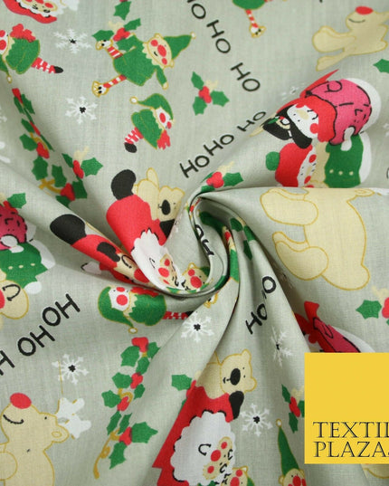Grey Mix 3 Designs Festive Christmas Xmas Printed Poly Cotton Fabric Polycotton