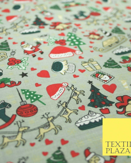 Grey Mix 3 Designs Festive Christmas Xmas Printed Poly Cotton Fabric Polycotton