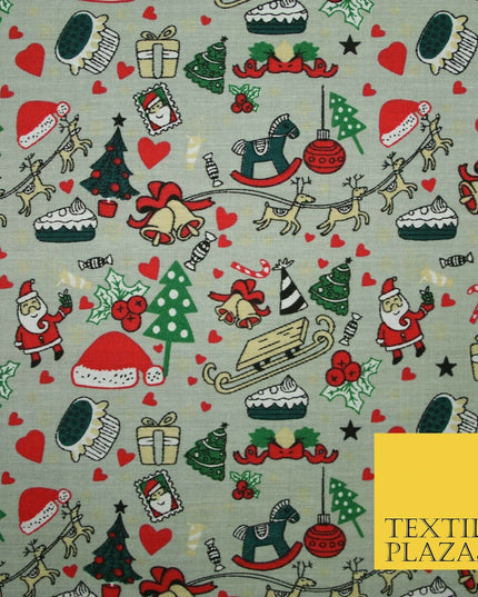 Grey Mix 3 Designs Festive Christmas Xmas Printed Poly Cotton Fabric Polycotton