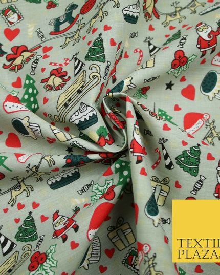 Grey Mix 3 Designs Festive Christmas Xmas Printed Poly Cotton Fabric Polycotton