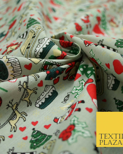 Grey Mix 3 Designs Festive Christmas Xmas Printed Poly Cotton Fabric Polycotton