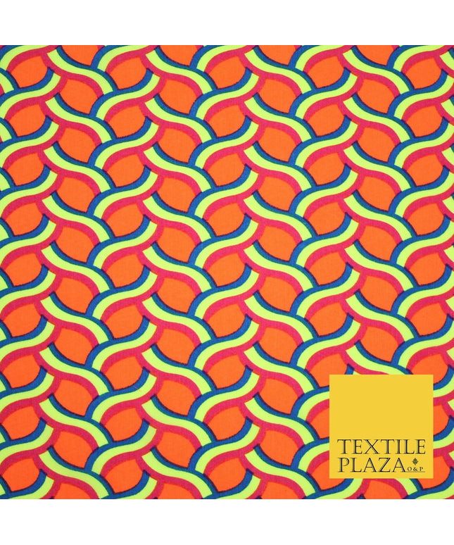 Coral Peach Rainbow Lattice  Printed Crepe Polyester Dress Fabric Retro NHS 2729