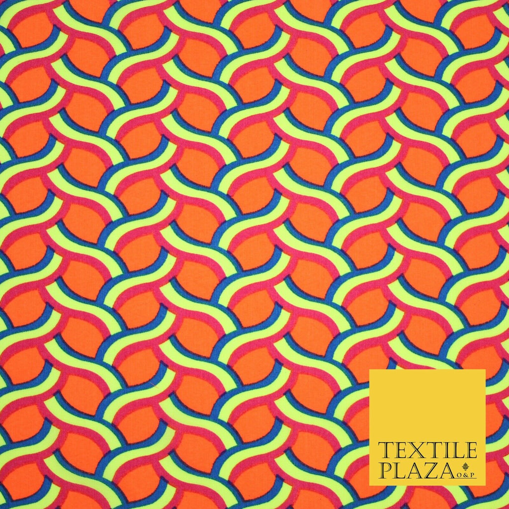 Coral Peach Rainbow Lattice  Printed Crepe Polyester Dress Fabric Retro NHS 2729