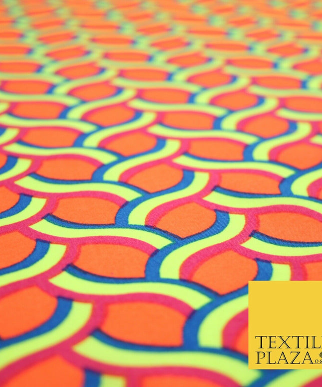 Coral Peach Rainbow Lattice  Printed Crepe Polyester Dress Fabric Retro NHS 2729