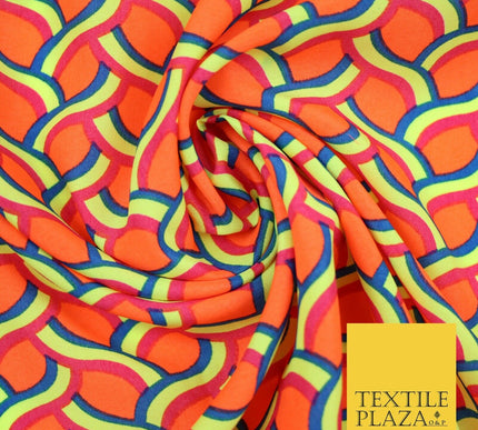 Coral Peach Rainbow Lattice  Printed Crepe Polyester Dress Fabric Retro NHS 2729