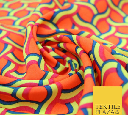 Coral Peach Rainbow Lattice  Printed Crepe Polyester Dress Fabric Retro NHS 2729