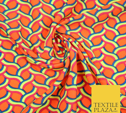 Coral Peach Rainbow Lattice  Printed Crepe Polyester Dress Fabric Retro NHS 2729