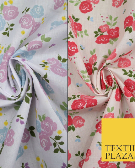 White Pink Flowers Lilac Blue Floral Bunch Printed Poly Cotton Fabric Polycotton