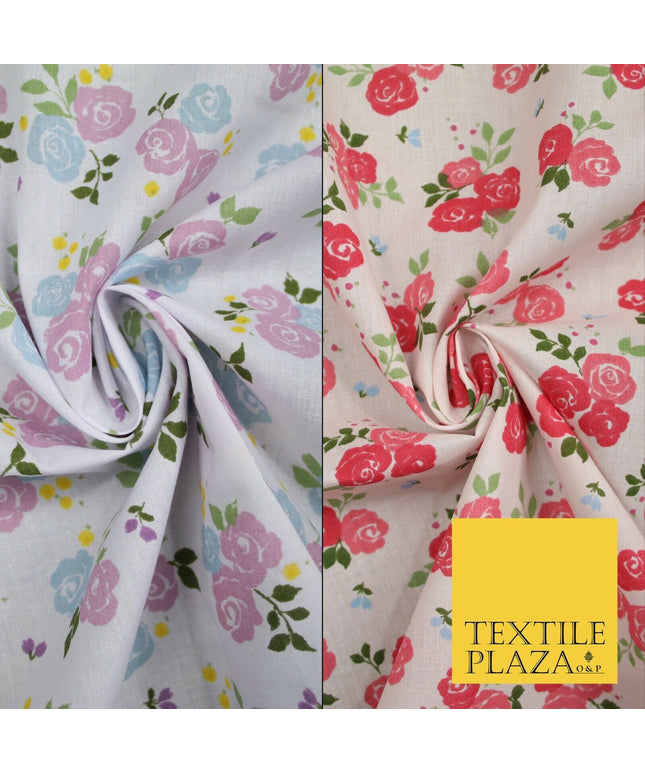 White Pink Flowers Lilac Blue Floral Bunch Printed Poly Cotton Fabric Polycotton