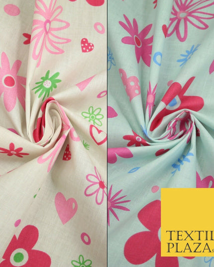 Cream Daisy Flowers Hearts Pansy Floral Printed Poly Cotton Fabric Polycotton