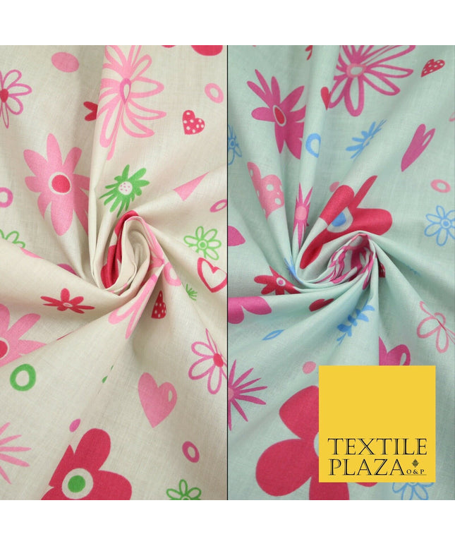 Cream Daisy Flowers Hearts Pansy Floral Printed Poly Cotton Fabric Polycotton