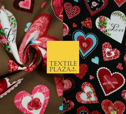 Valentine Love Hearts Patchwork Printed Needlecord Fabric Babycord Corduroy 58"