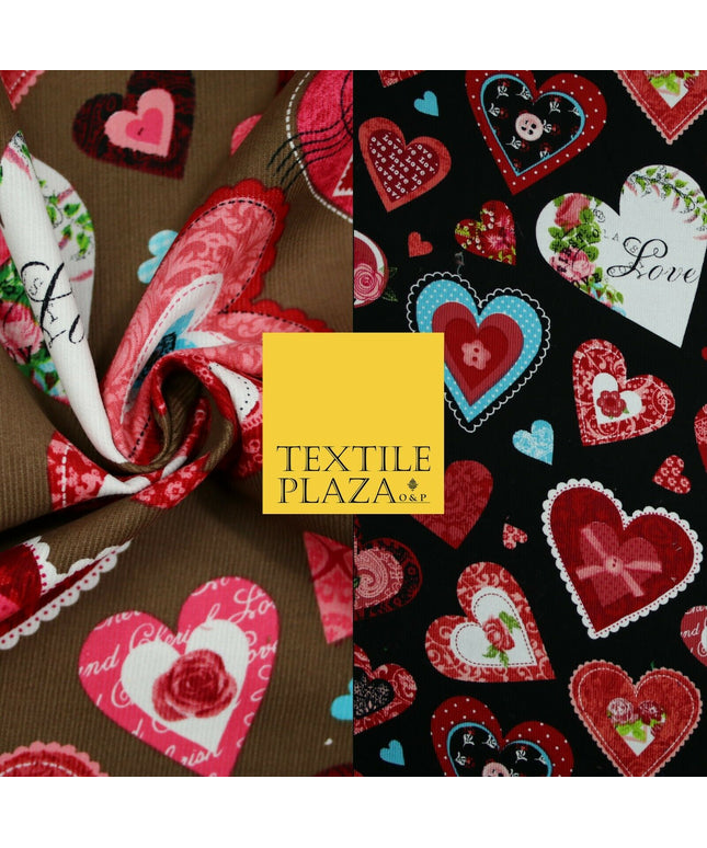Valentine Love Hearts Patchwork Printed Needlecord Fabric Babycord Corduroy 58"