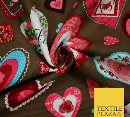 Valentine Love Hearts Patchwork Printed Needlecord Fabric Babycord Corduroy 58"
