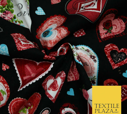 Valentine Love Hearts Patchwork Printed Needlecord Fabric Babycord Corduroy 58"