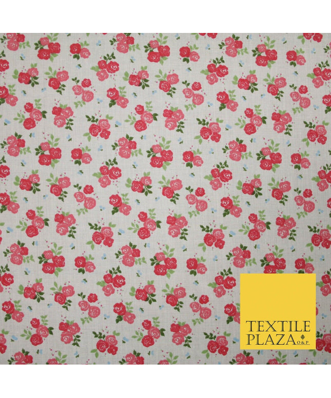 Pale Pink Ditsy Raspberry Floral Bunch Printed Poly Cotton Fabric Polycotton5151