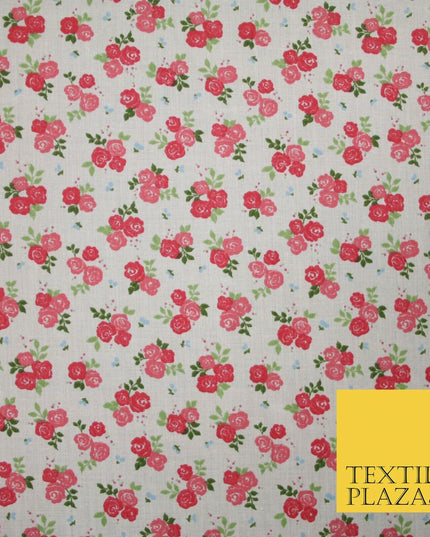 Pale Pink Ditsy Raspberry Floral Bunch Printed Poly Cotton Fabric Polycotton5151
