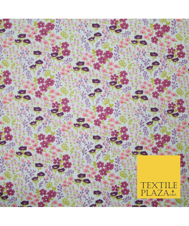 White Ditsy Lilac Floral Bunch Garden Printed Poly Cotton Fabric Polycotton 5152