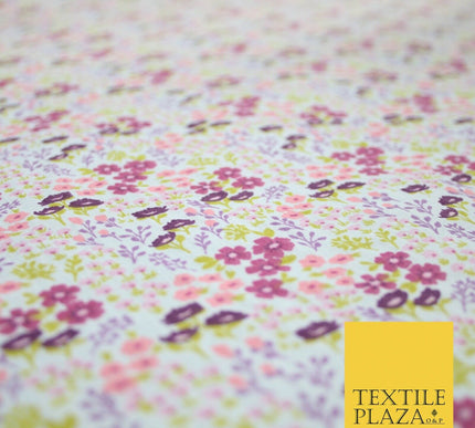 White Ditsy Lilac Floral Bunch Garden Printed Poly Cotton Fabric Polycotton 5152